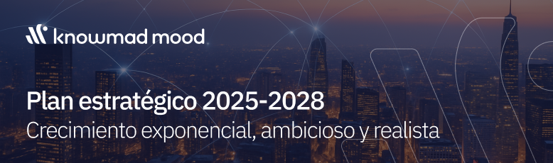 Fondo urbano con líneas digitales conectadas y mensaje de knowmad mood: 