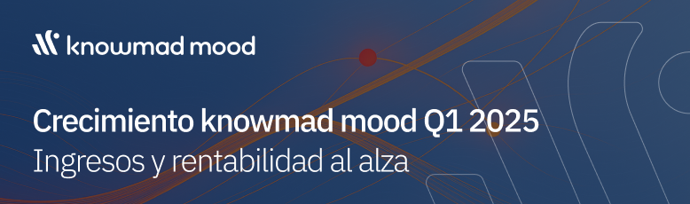 Gráfico corporativo de knowmad mood destacando el crecimiento en ingresos y rentabilidad durante el primer trimestre de 2025, con líneas ascendentes y colores de la marca.