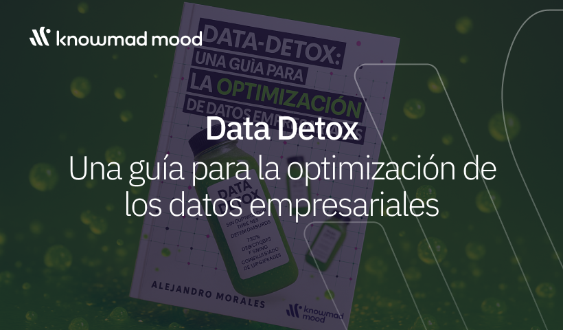 Portada de la guía “Data Detox: una guía para la optimización de datos empresariales” de knowmad mood, con diseño en tonos verdes y frascos tipo zumo.