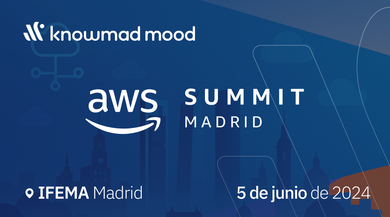 Imagen promocional del AWS Summit Madrid 2025 con los logotipos de knowmad mood y AWS, fecha del evento (5 de junio de 2024) y ubicación en IFEMA Madrid sobre un fondo azul con silueta de skyline.
