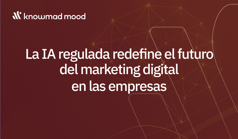 Ilustración en tonos anaranjados con elementos abstractos que representan inteligencia artificial, datos y crecimiento digital, asociada al impacto de la IA regulada en el marketing empresarial.