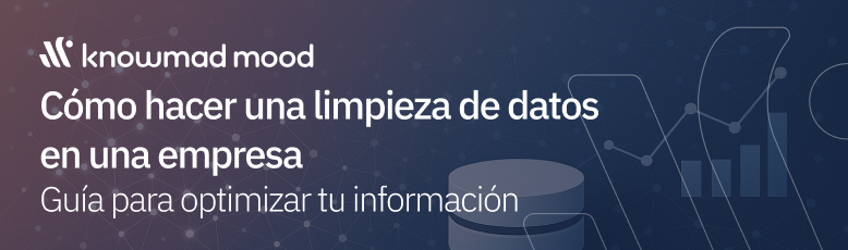 Visual con el logo de knowmad mood y el título “Cómo hacer una limpieza de datos en una empresa. Guía para optimizar tu información”, sobre un fondo de red de datos con iconos de base de datos y gráficos, simbolizando organización y eficiencia.