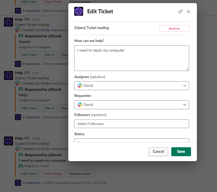 gestion del ticket individual