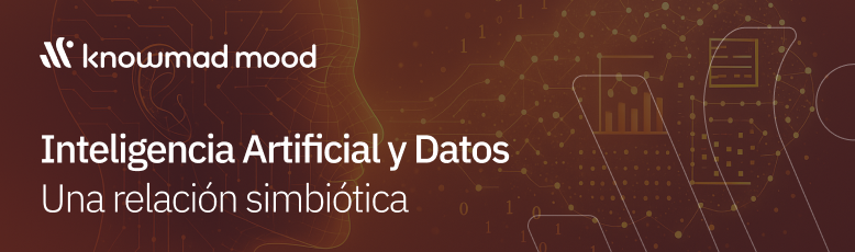 Representación conceptual de IA con una figura humana digital y flujo de datos, acompañada del título 