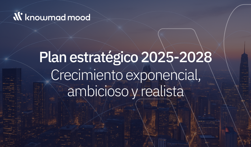 Fondo urbano con líneas digitales conectadas y mensaje de knowmad mood: 
