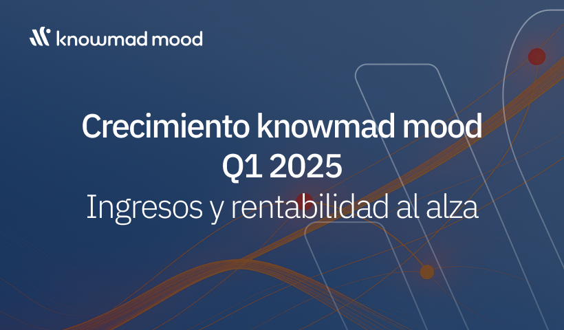 Gráfico corporativo de knowmad mood destacando el crecimiento en ingresos y rentabilidad durante el primer trimestre de 2025, con líneas ascendentes y colores de la marca.