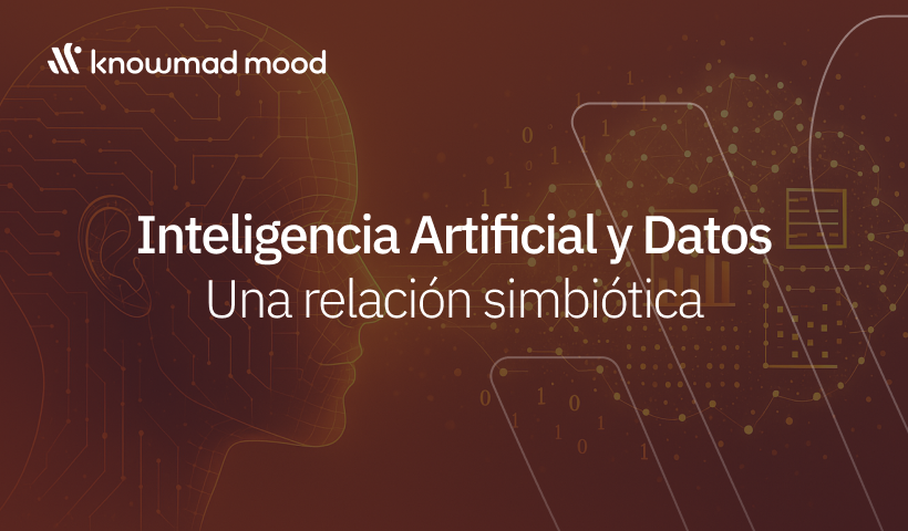 Representación conceptual de IA con una figura humana digital y flujo de datos, acompañada del título 