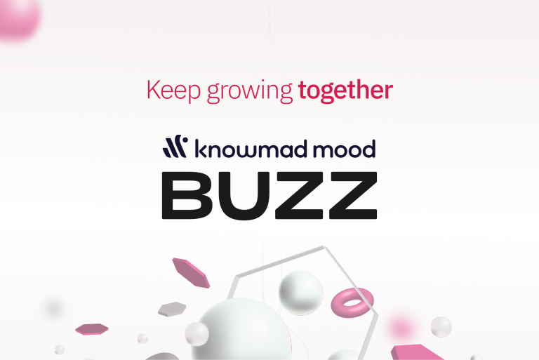 knowmad mood and BUZZ logos with the message “Keep growing together”, symbolizing the acquisition of BUZZ to expand digital creativity and transformation services.