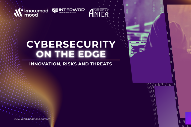Cover of the white paper 'Cybersecurity at the edge: innovation, risks and threats' by knowmad mood, Interwor and Grupo Antea. Purple-toned design with a silhouette of a person facing multiple screens and digital graphics.