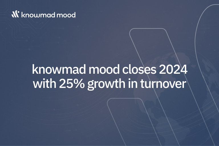 Blue tech-themed background with a globe illustration and text highlighting knowmad mood's 25% business growth in 2024.
