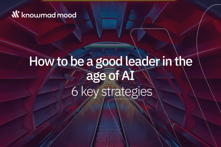 Futuristic tunnel design with "How to be a good leader in the age of AI – 6 key strategies" overlay, representing leadership in tech evolution.