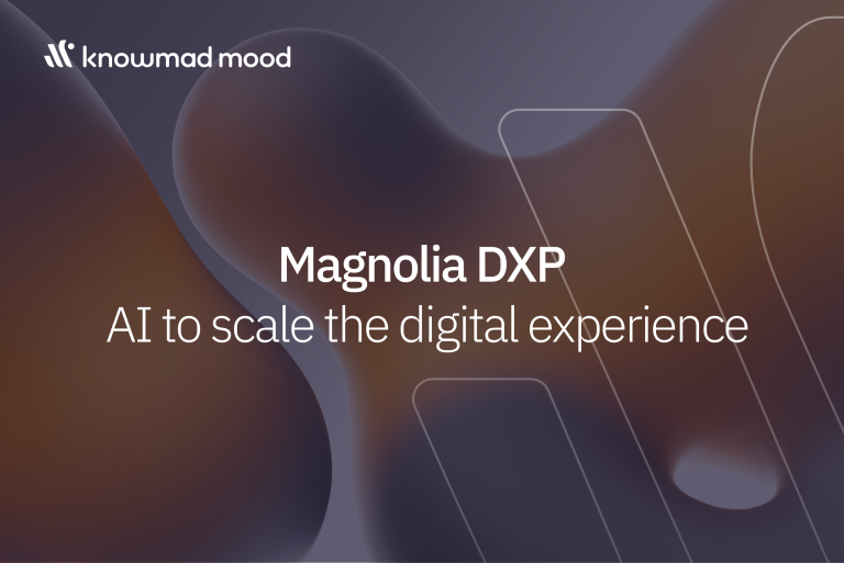 Perfecto, aquí tienes el texto alternativo respetando el idioma original de la imagen: **Alt text:** Promotional image by knowmad mood with the message "Magnolia DXP: AI to scale the digital experience", highlighting the use of AI to enhance digital experiences.