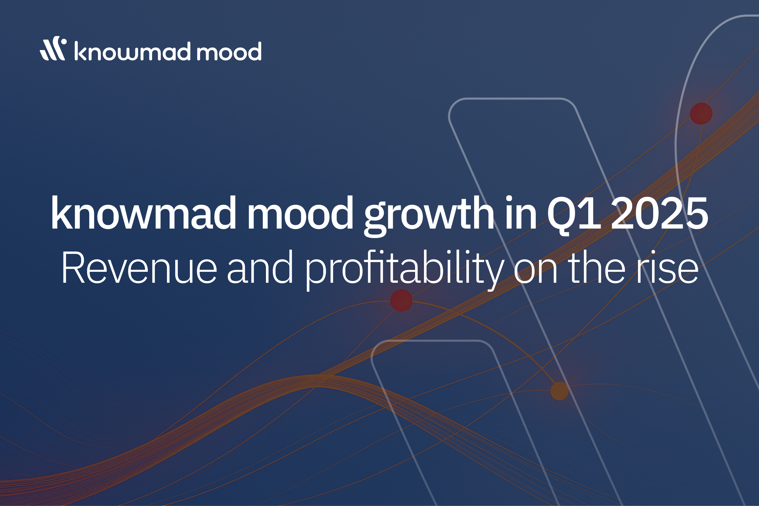 Corporate graphic from knowmad mood highlighting revenue and profitability growth in Q1 2025, featuring upward lines and brand colors.